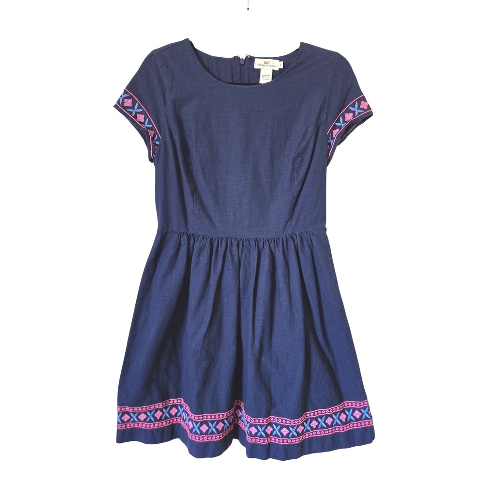 Vineyard Vines Navy Blue Cotton Embroidered Fit‎ & Flare Dress Womens 6 Small